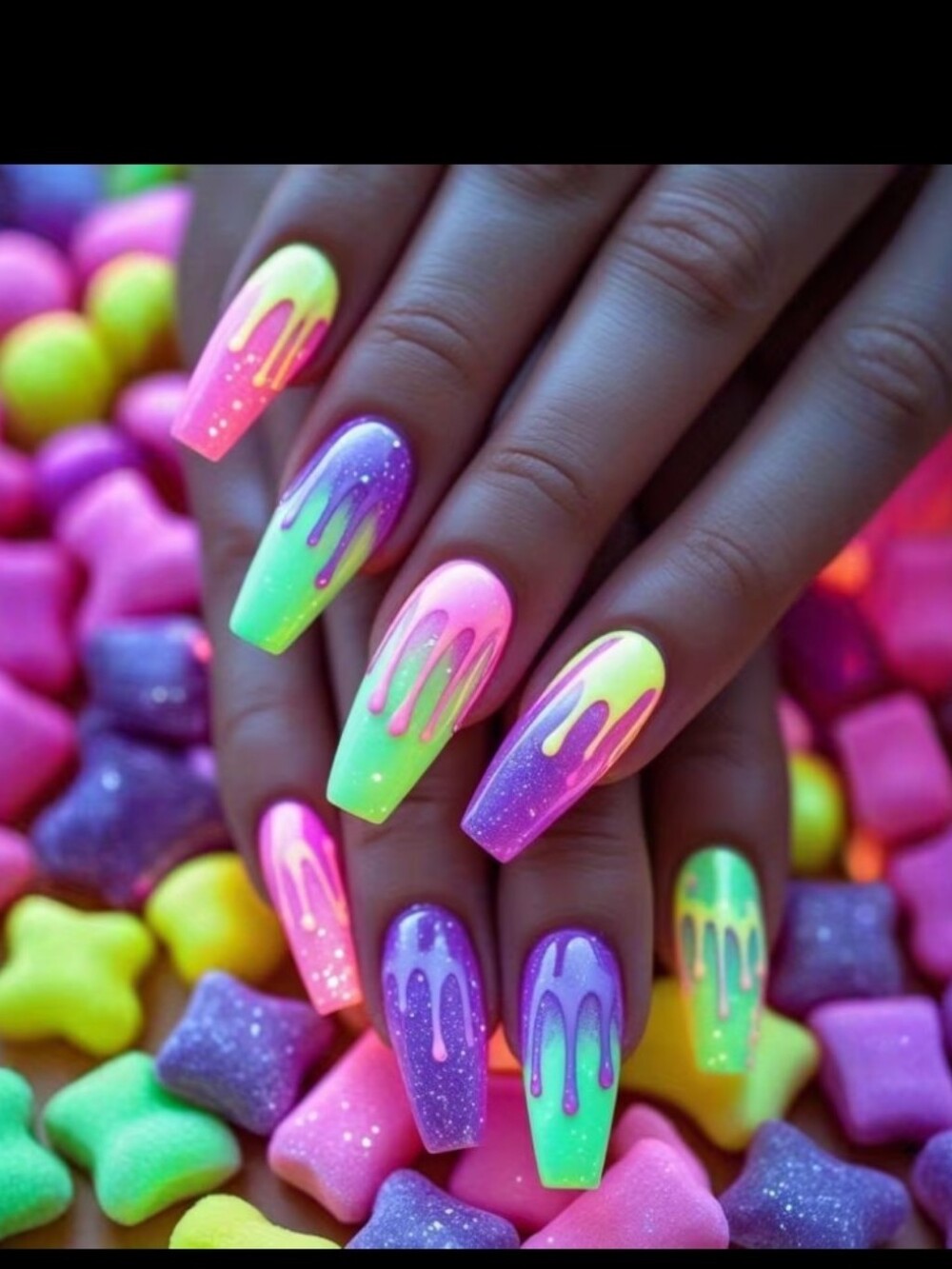 🔥3/$21 Neon Drip Ombre Press-On Nails - Multicolor - Picture 1 of 4